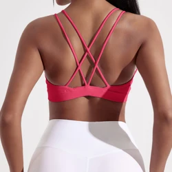 Solid Color High-Strength Women's Fitness Bra with Chest Pad - M (Peach Red)