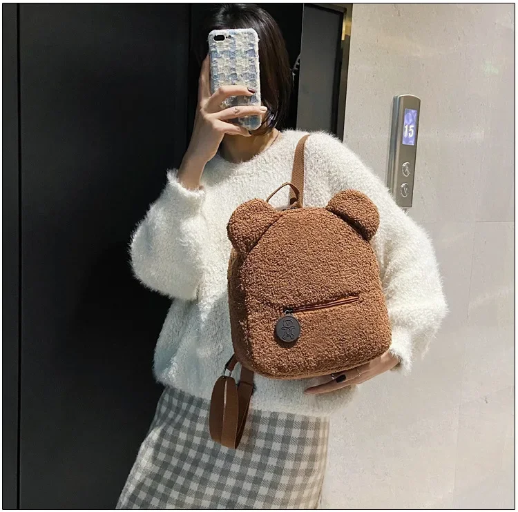 Cute Bear Ear Fleece Kids Girls Backpack Image 16