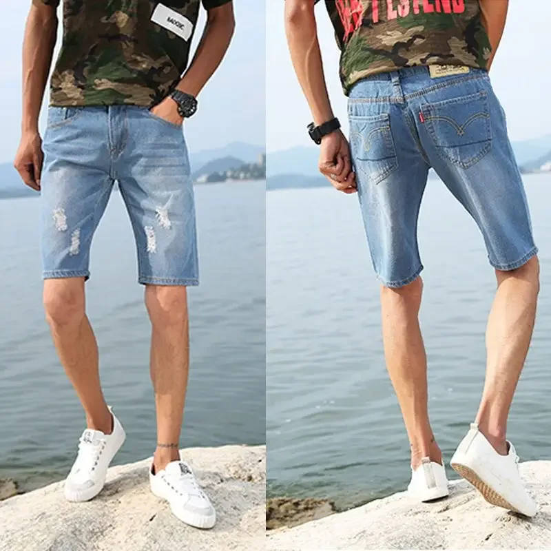 thumbnail image 1 of Pantalones cortos de mezclilla para hombre, holgados, con estampado medio, bermudas cortas, pantalones vaqueros para hombre, rotos, largos, holgados, anchos, populares, de lujo, diseñador de moda Y2k, 1 of 5