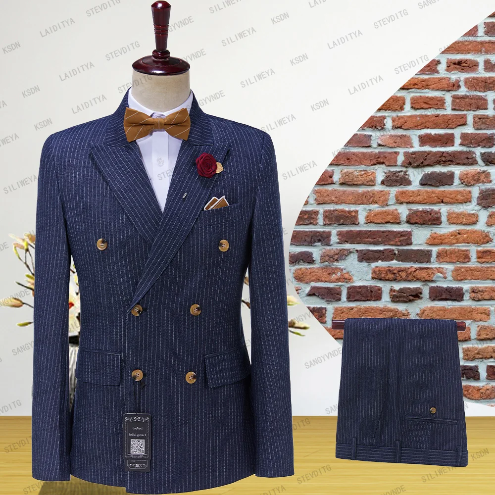 

2024 Mens Suits 2 Pieces Vintage Double Breasted Suit Denim Blue Stripe Terno Slim Large Lapels Wedding Groom Tuxedo Tailcoat