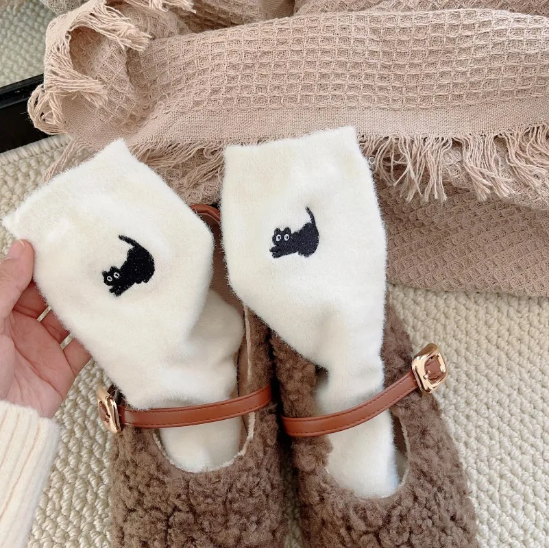 Autumn Winter Women Mink Velvet Socks Cute Cat Pink Plush Middle Tube Socks Harajuku Soft Fluffy Comfortable Home Sleeping Sock