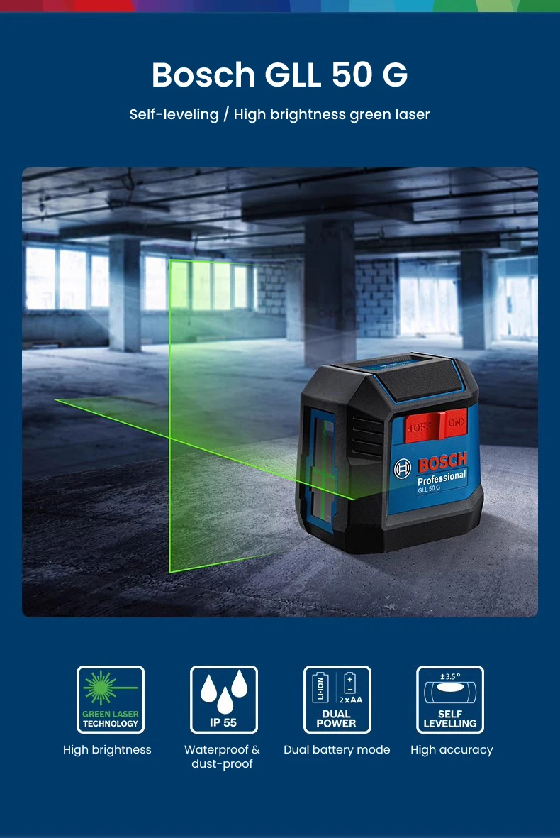 Description Picture 3 of itemBosch GLL 50 G Green Laser Level 2-Line 15m Self-Adjusting Level and Vertical Cross Professional Laser Levels Measurement Tool