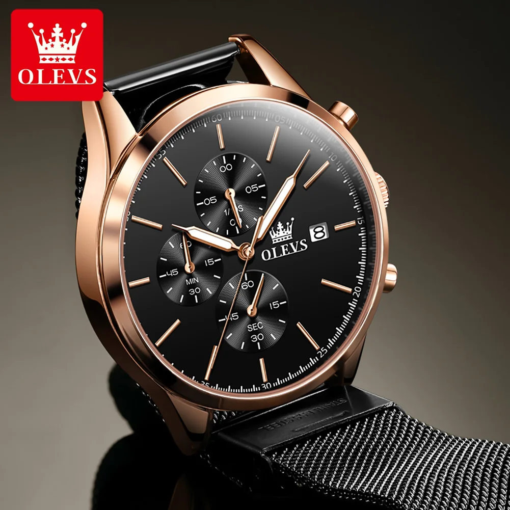 OLEVS Quartz Watch for Men Luxury Stainless Steel Mesh Belt Men's Watch Luminous Waterproof Chronograph  Wristwatch Reloj Hombre