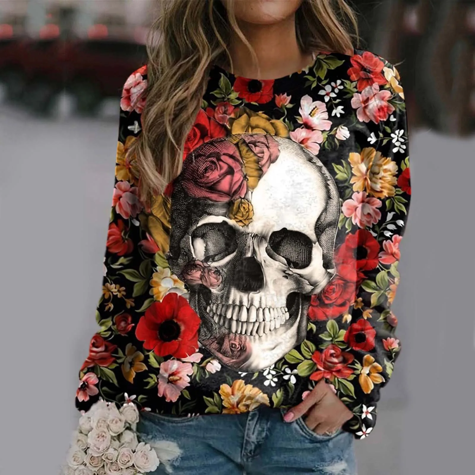 

2023 Autumn new women's 3D digital printing fashion casual personality round neck long sleeve Halloween T-shirt