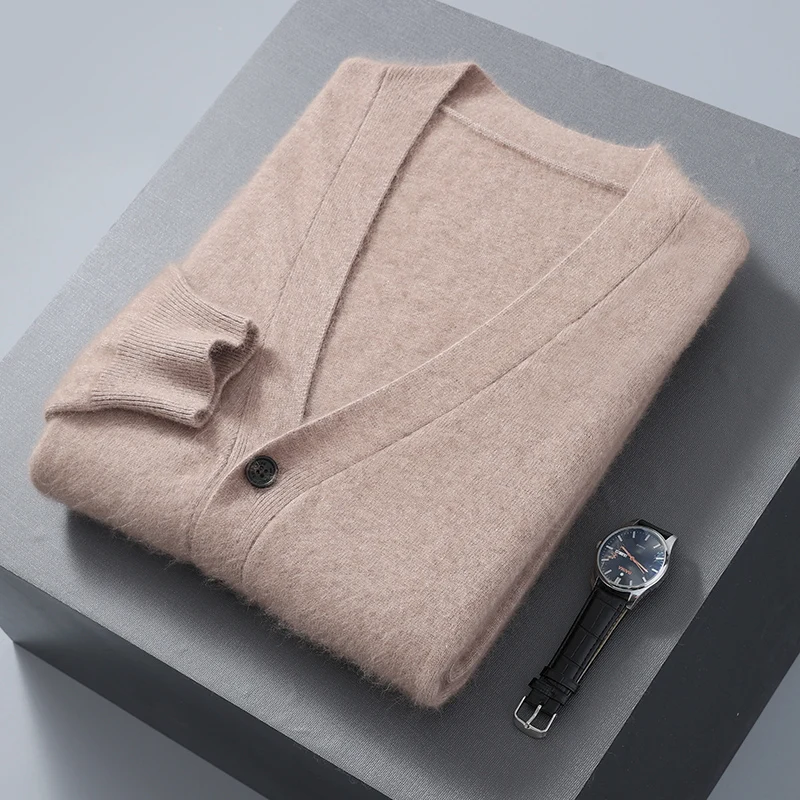 2023 Autumn Winter New Cardigan Men's V-Neck Top 100% Mink Cashmere Knitted Sweater Casual Loose Large Long Sleeved shirt Jacket 4