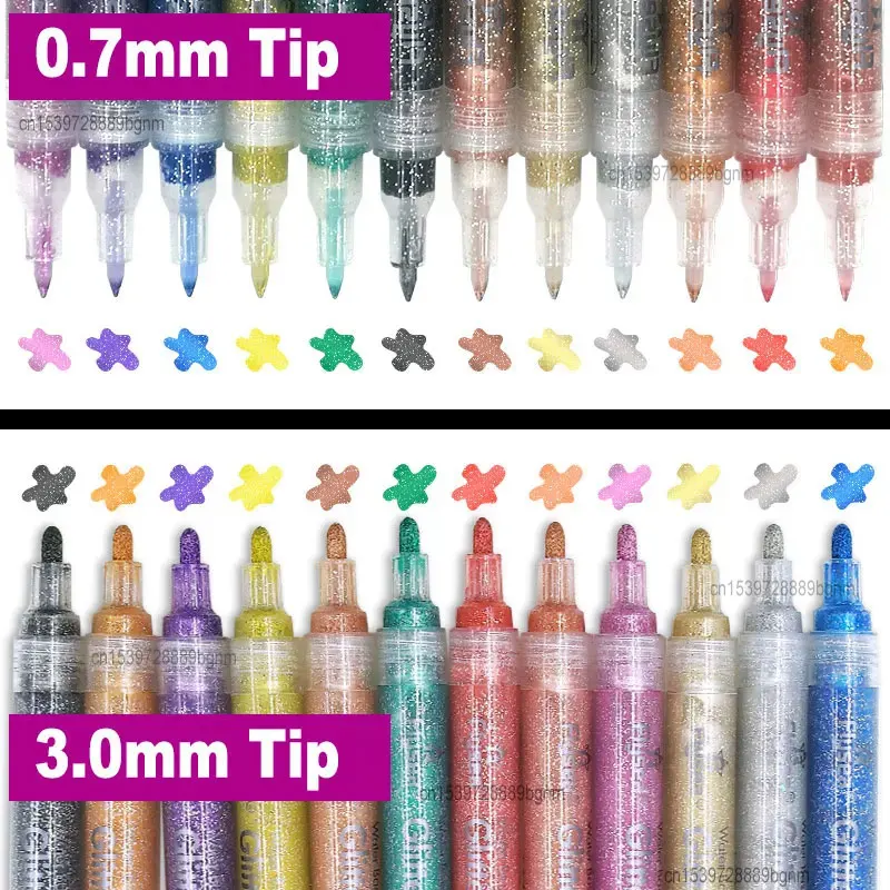 12Pcs Sparkle Color Acrylic Paint Glitter Marker Pen 3.0mm 0.7mm Tip Art Drawing Rock Stone Wood Poster Canvas Ceramic Scrapbook 2