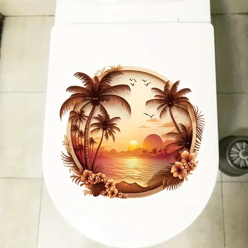 Tropical Sunset Beach Scene PVC Toilet Lid Decal-Self-Adhesive Waterproof Bathroom Decoration Sticker