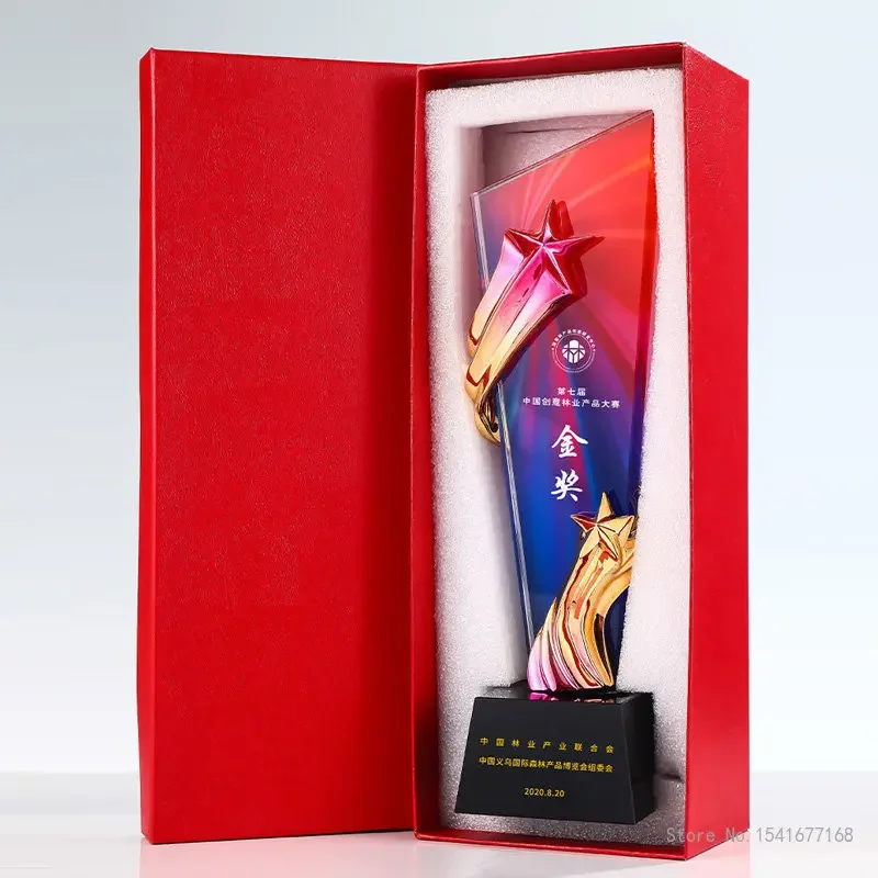 Customized Crystal Trophy with Pentagram Resin, Annual Meeting Souvenirs, Home Decoration, Color Printing Trophy High-grade, 1Pc