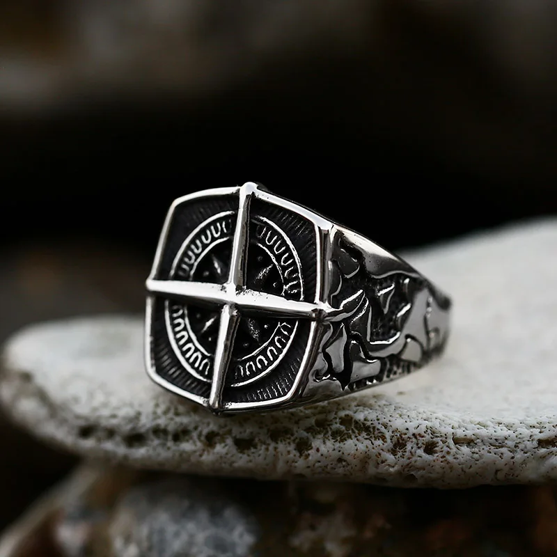 Stainless Steel Ring Finger Ring 316L Stainless Steel Viking Cross Compass Runic Pirate Men's Ring Nautical Fashion Jewelry BR8-108R