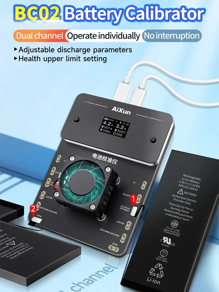 

Откалибровщик аккумулятора AiXun BC02 для IPhone X-14 Pro Max, двухканальный инструмент для аккумулятора, цикл зарядки/разряда, 100% настроек