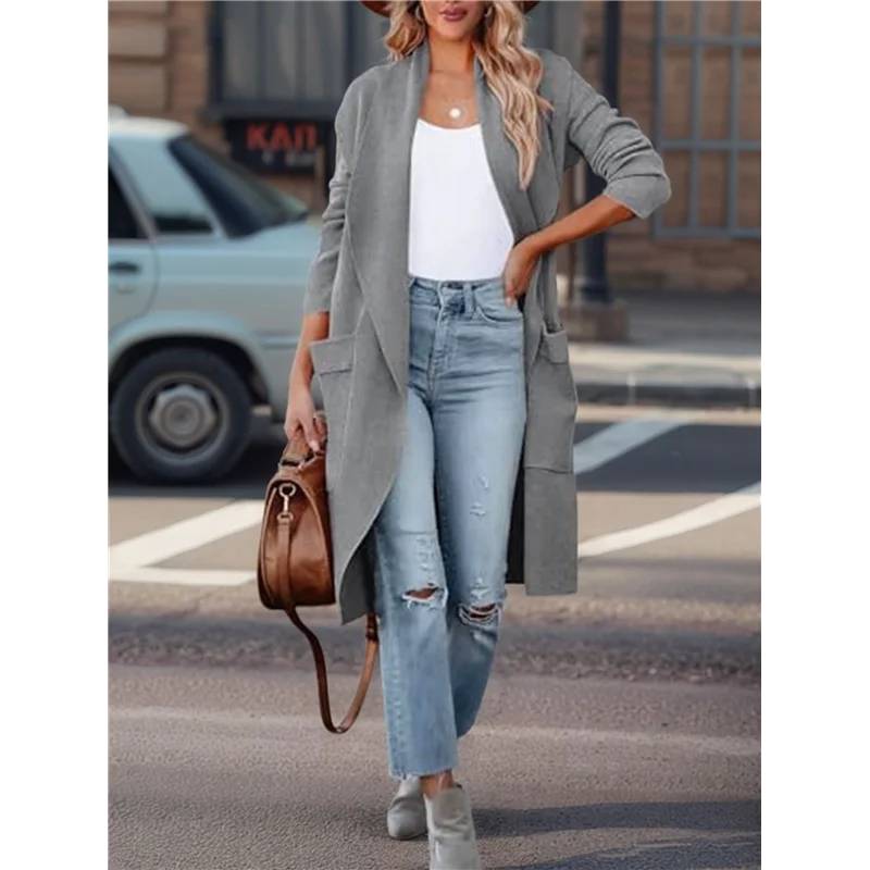 B50B-여성용 오픈 프론트 니트 루즈 가디건 캐주얼 긴 소매 드레이프 니트 포켓 롱 재킷 스웨터 그레이 XXL