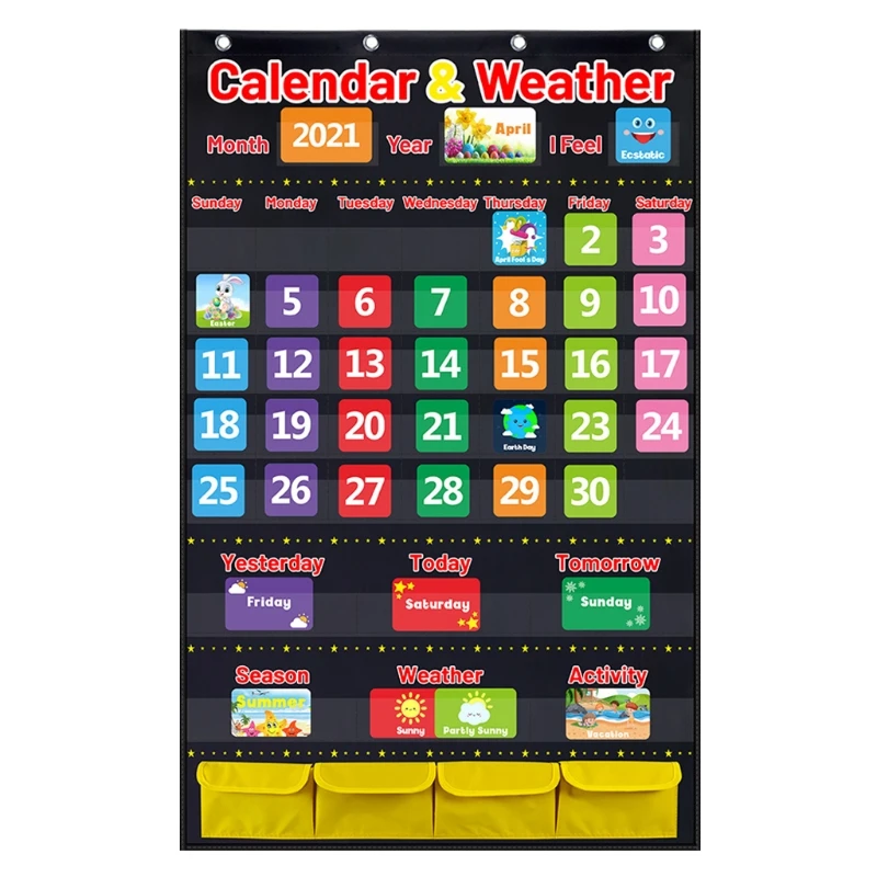 

XXUD Home Learning Set Hanging Calendar Weather Pocket Chart Kids Classroom Learning Supplies 114 Full-color Cards Ages 3+