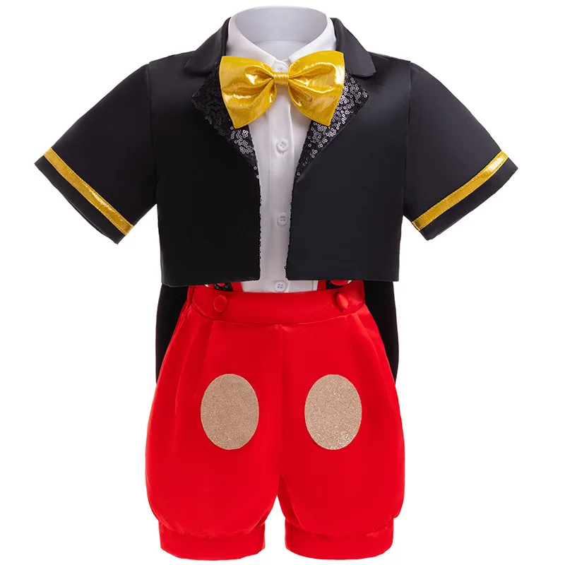 

2024 Toddler Boys Gentleman Suits Summer Clothing Set Short Sleeve Bowtie Lapel Shirt+ Bib Shorts +Coat 3 PCS Set For Halloween