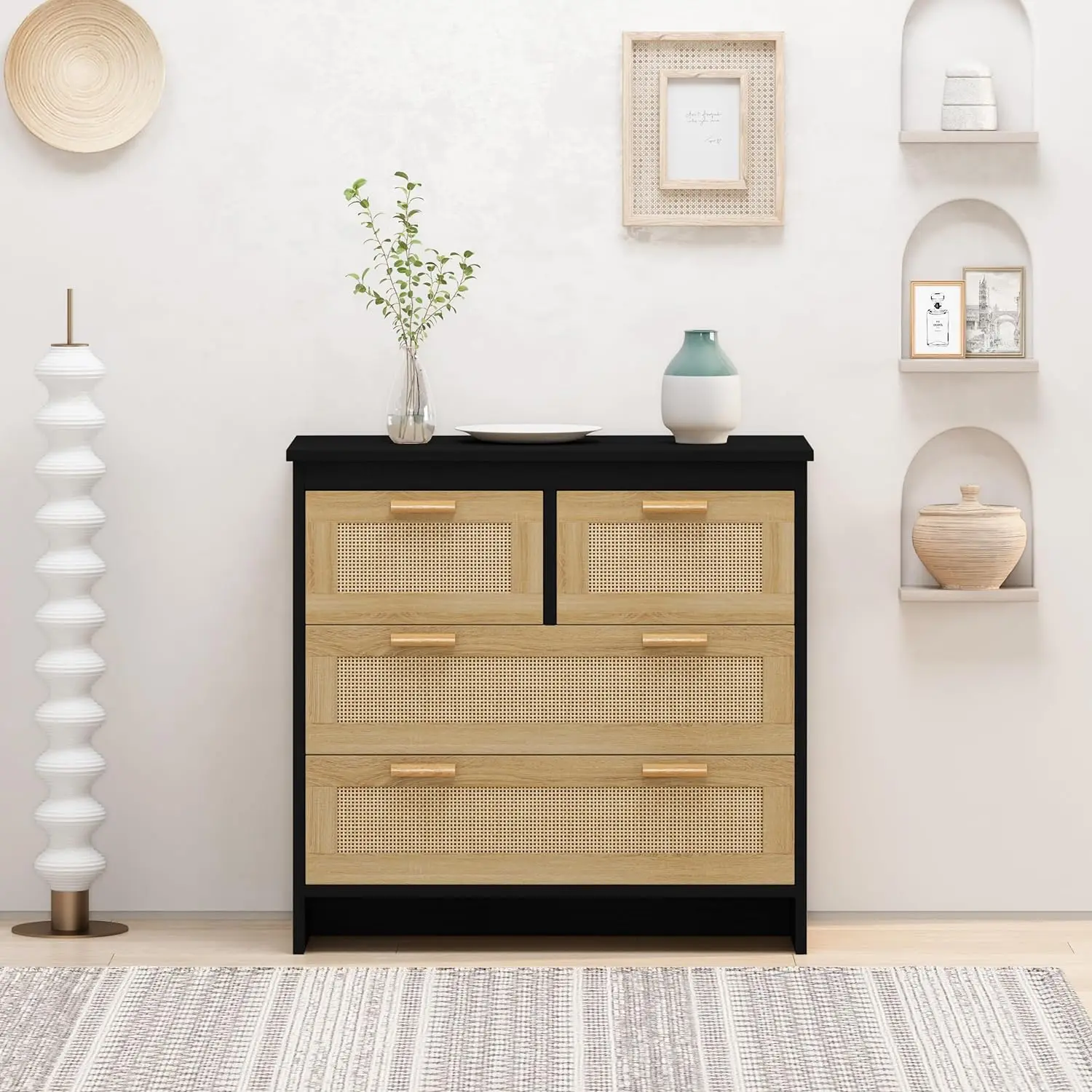 

Rattan Cabinet with 4 Drawers,Boho Dresser Wooden Storage Chest of Drawers,Modern Sideboard Buffet Cabinet Console Table