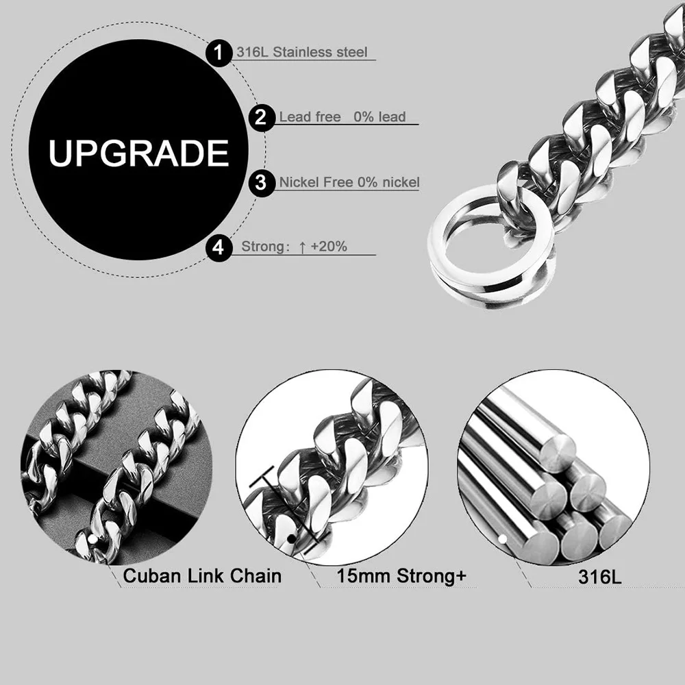 Dog Chain Collar 15MM Width Cuban Link Chain for Dogs Strong Smooth Stainless Steel Metal Pet Training Slip dog collar pet collar