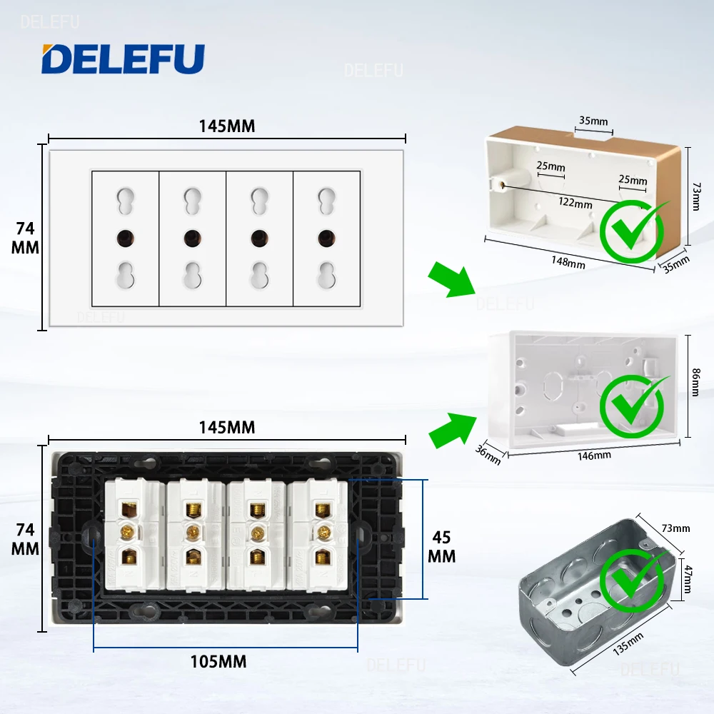 DELEFU Flame Retardant SC31 Panel 145mm White Italian Standard USB Type C Fast Charging Wall Socket Switch TV Phone CAT5 CAT6 — view 2