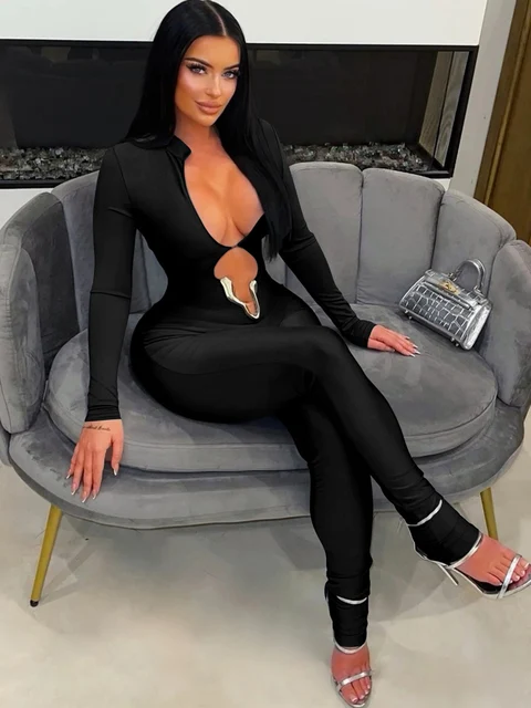 Kricesseen Sexy Hollow Out Long Sleeve Jumpsuits Women Solid Black Skinny One Piece Clubwear Birthday Party Outfits Rompers 2