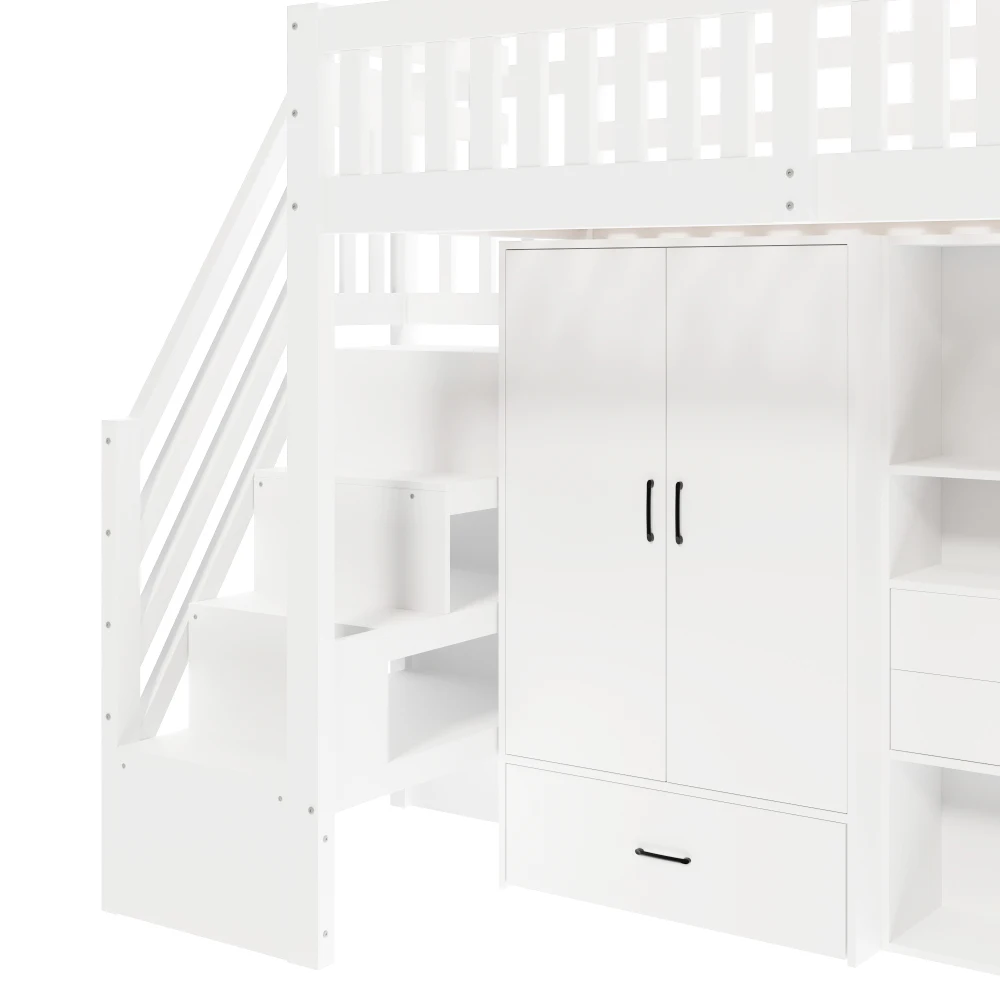 Hochbett, 90x200cm, Aufbewahrungsschrank, Kleiderschrank, Schreibtisch, Schubladen, Staufach, Ohne Matratze, Weiß – Detail 14