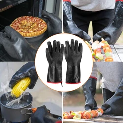 A Pair Double Layer Heavy Type Neoprene Black High Temperature Resistance Heatproof Barbecue Thermal Insulation Gloves 14 Inch