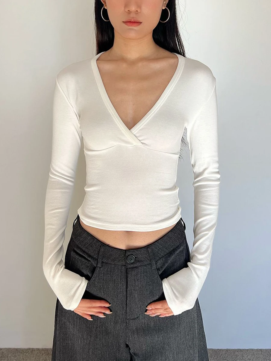 Kreuz V-ausschnitt Langarm T-shirts Frau Herbst Baumwolle Schlank Crop Top Weibliche Casual Einfache Feste Alle-spiel Grundlegende t-shirts Y2k Tops