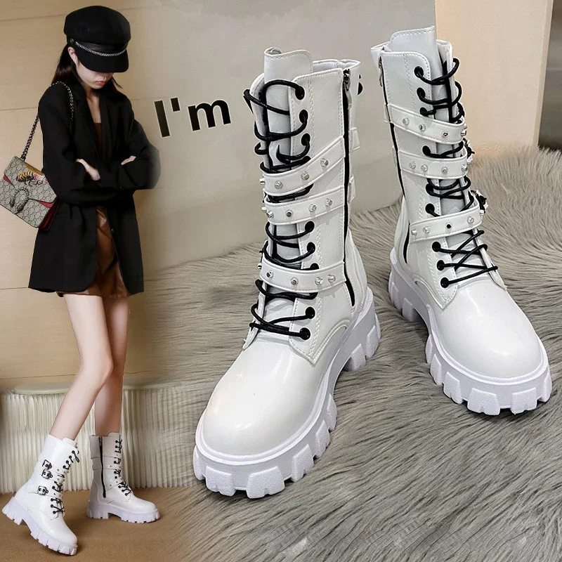 2023 New Winter Denim Boots Women's Retro White Martin Shoes Belt Buckle Round Head High Boots Ankle Boots Knee Length Boots