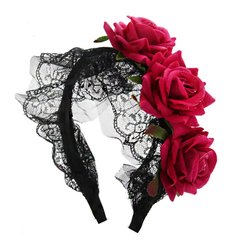 Rose Flower Lace Tiara Crowns Headband  Festival Women Hair Accessories Gothic Cosplay Lolita Style Costume    Halloween 2023 gold halo headband sun godmother s crown tiaras headpiece virgin mary gothic headwear fairy goddess hair accessories