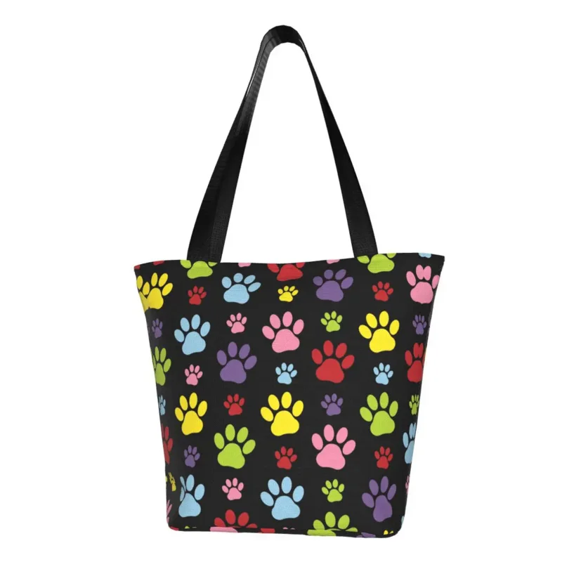 

Reusable Colorful Paws Pattern Shopping Bag Women Shoulder Canvas Tote Bag Portable Dog Paw Prints Pet Grocery Shopper Bags