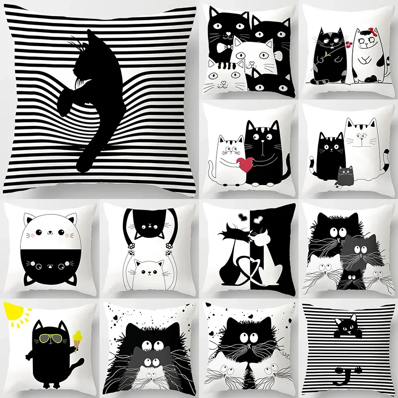 

Cartoon peach Black White cat pattern series decorative cushion cover, square home office decoration funda de almohada 45*45cm