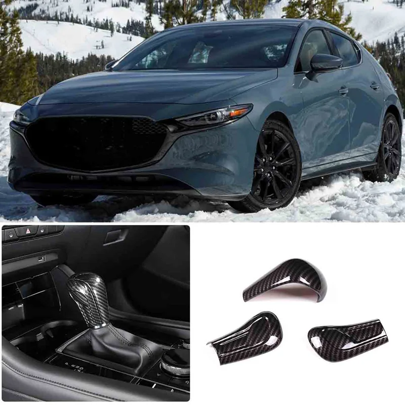 Für 2020-2022 Mazda 3-Reihen-Schaltkopfabdeckung, dekorative Abdeckung für den Schaltkopf, ABS, Kohlefasermuster, 3 Stück – Detail 1