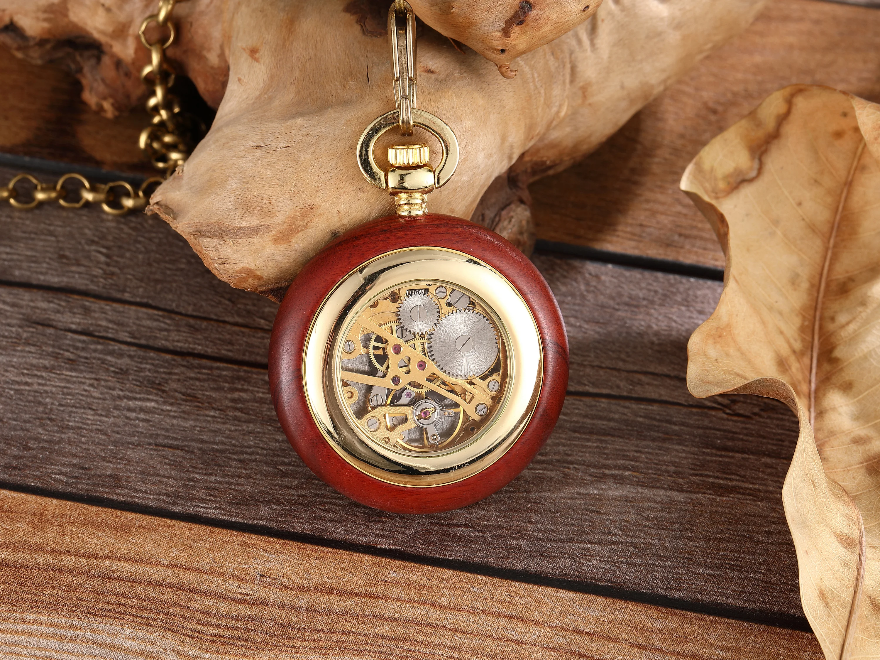 Fashion Retro Red Wood Mechanical Pocket Watch Men's Ladies Elegant Exquisite Antique Necklace Hand Wind Watch with Chain Gifts