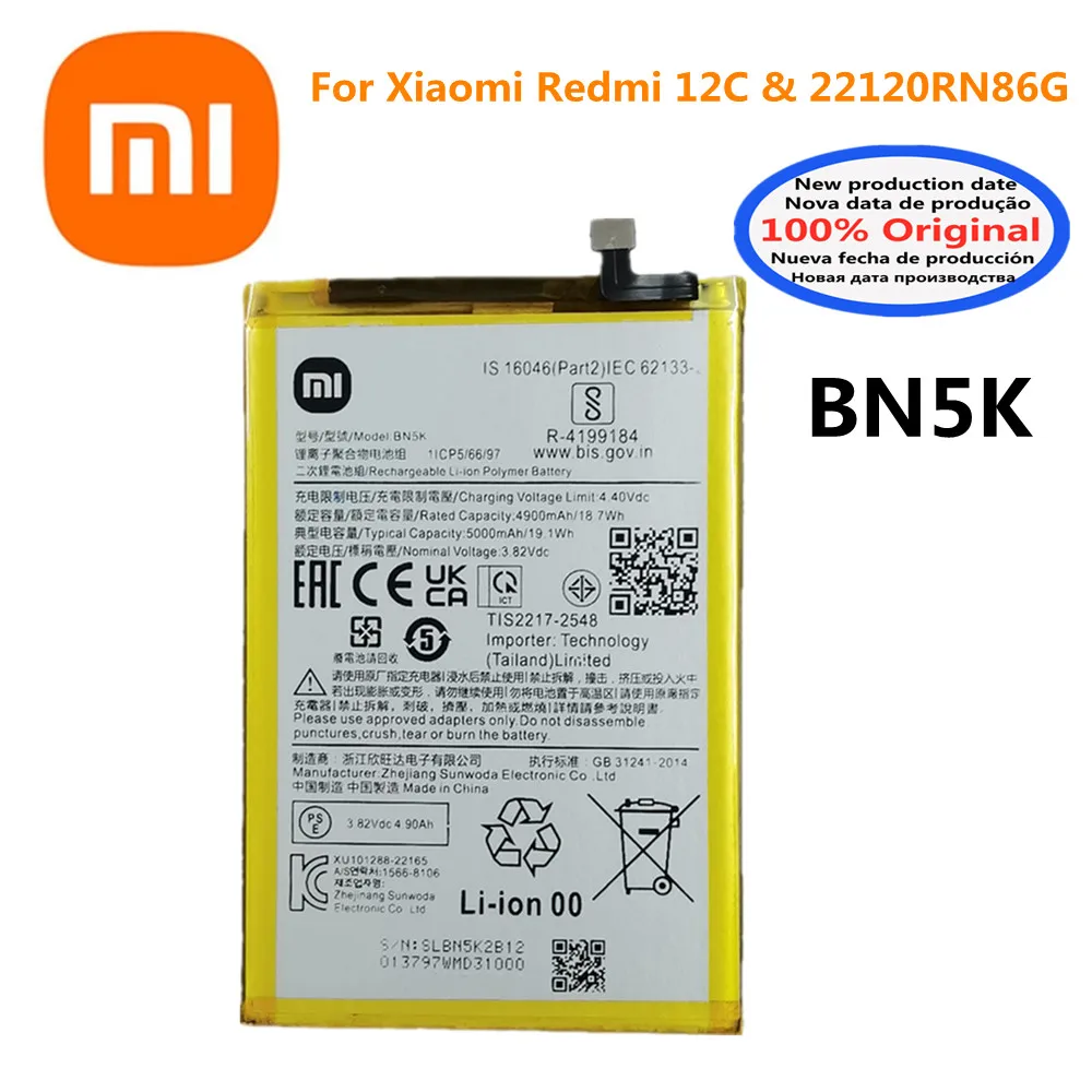 

100% Original High Quality New 5000mAh Battery BN5K For Xiaomi Redmi 12C & 22120RN86G Cell Phone Batteries Bateria