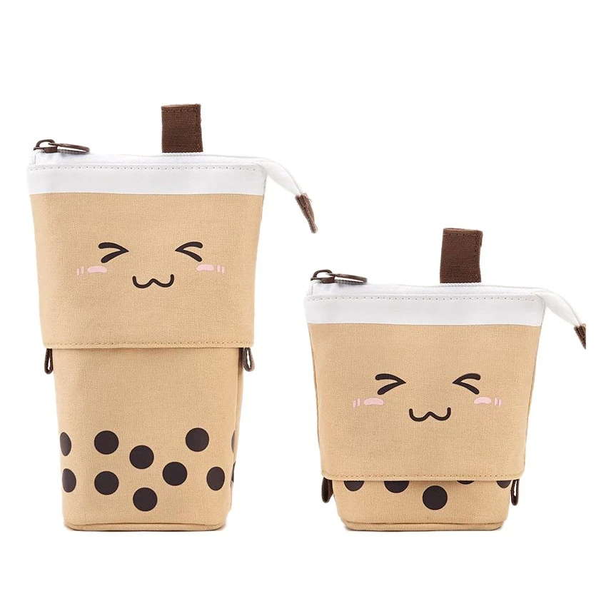 2 Pcs Standing Pencil Case Cute Telescopic Pen Holder Stationery Pouch Makeup Cosmetics Bag for School Students Khaki |
