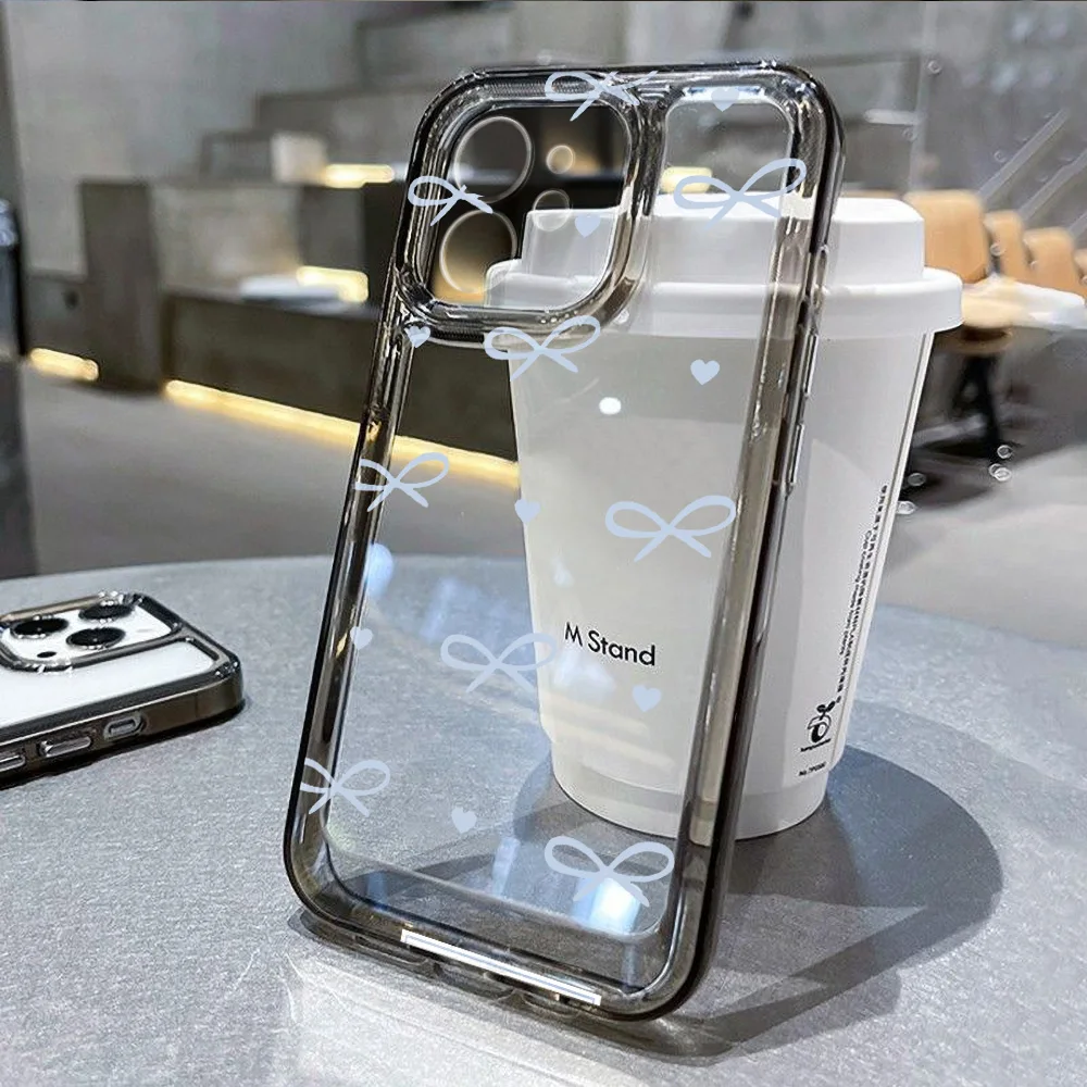 QLTYPRI Custodia con fiocco per iPhone 15, custodia per telefono estetica con fiocco e nastro trasparente, morbida e sottile, trasparente, antiurto, per donne e ragazze, rosa