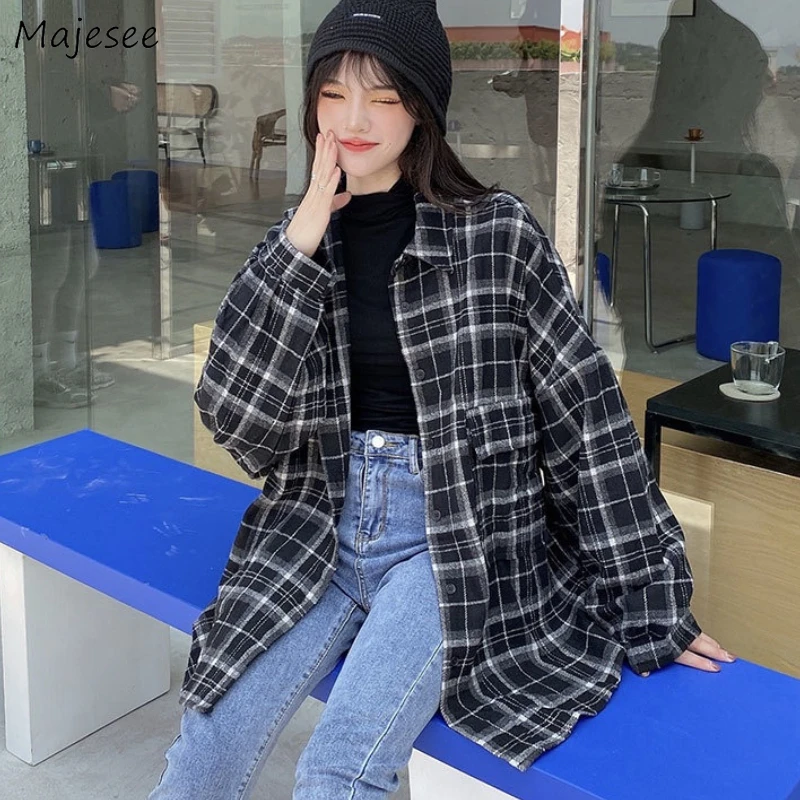 

Shirts Woman Leisure Fashion Simple Plaid Retro Turn-down Collar Lazy Office Ladies Button Korean Style All-match Streetwear Ins