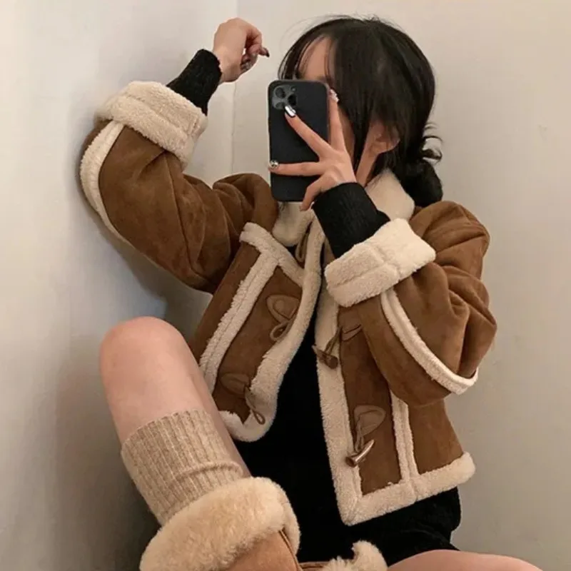 

Design sense of temperament warm lamb wool cotton-padded jacket women with loose short woolen cardigan top