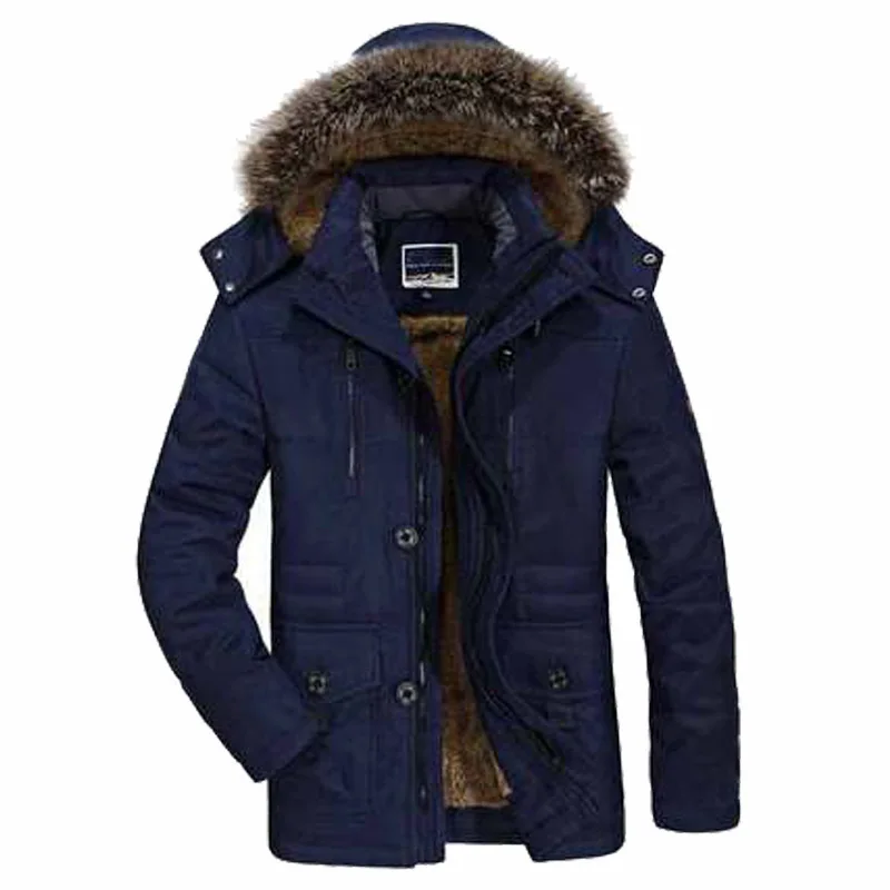 Thicken Men Winter Coat Plush Fur collar Hooded Men Wool Liner Jakcket Padded Cotton Coat Long Outdoor Hooded Jacket Snow Parkas