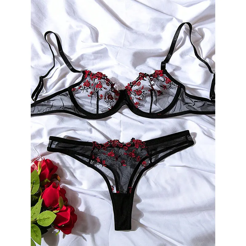 Description Picture 6 of itemTransparent Underwear Sexy Lingerie Woman Lace Fairy Embroidery Brief Sets Delicate Bra Kit Push Up Breves Sets Thin Erotic Bras