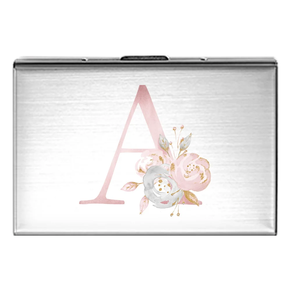 Metal Business Card Holder-Slim Pocket Business Card Case for Unisex Stainless Steel IC Cards Storage Pink Flower Print Series