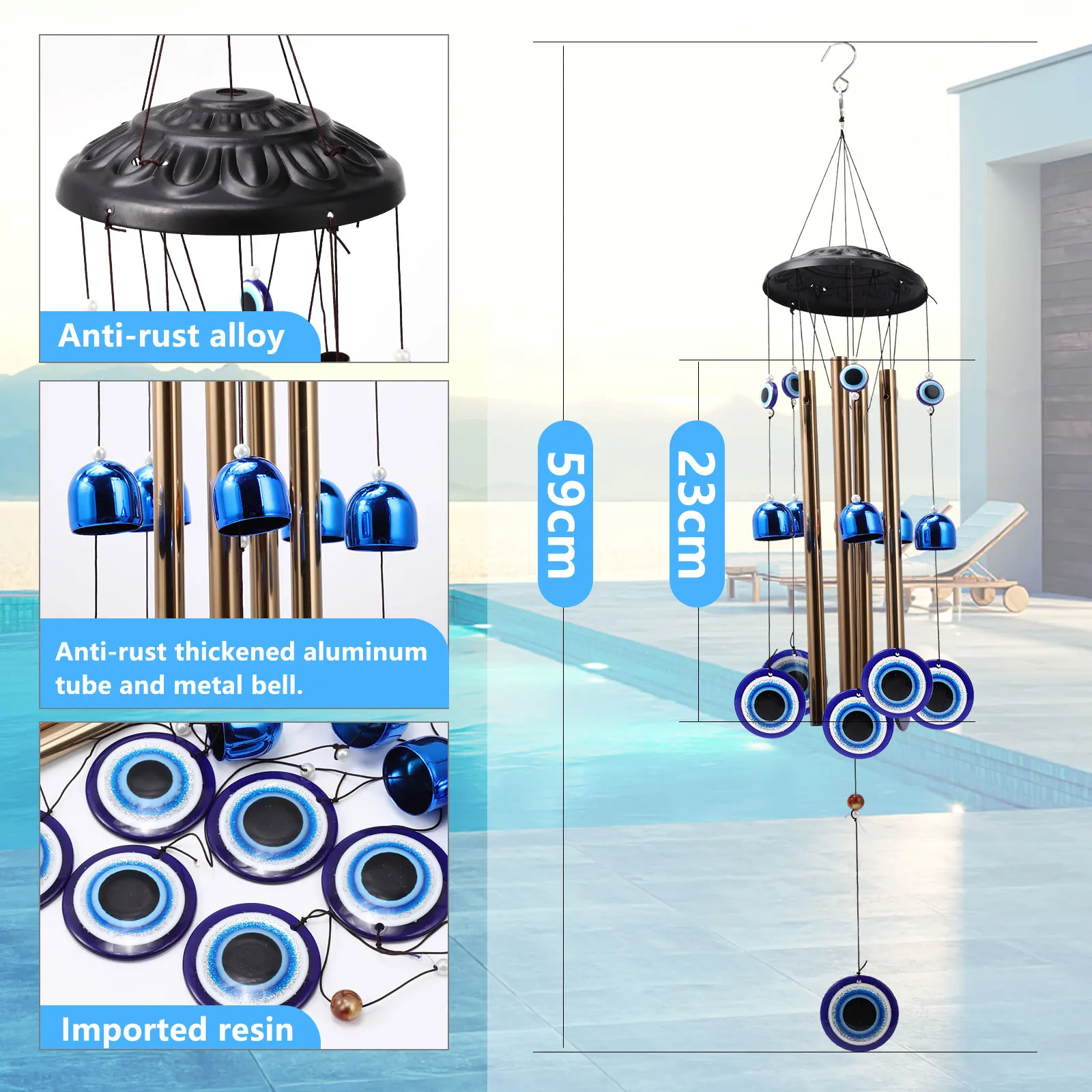 YEBON Blue Evil Eye Amulet Wind Chimes Bells Outdoor Decor,Metal Windchimes for Garden Patio Backyard Home Decor 3