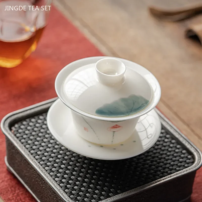 120/140ml Hand-painted Goat Fat Jade White Porcelain Gaiwan Household Ceramic Tea Infuser Traditional with Cover Teacup