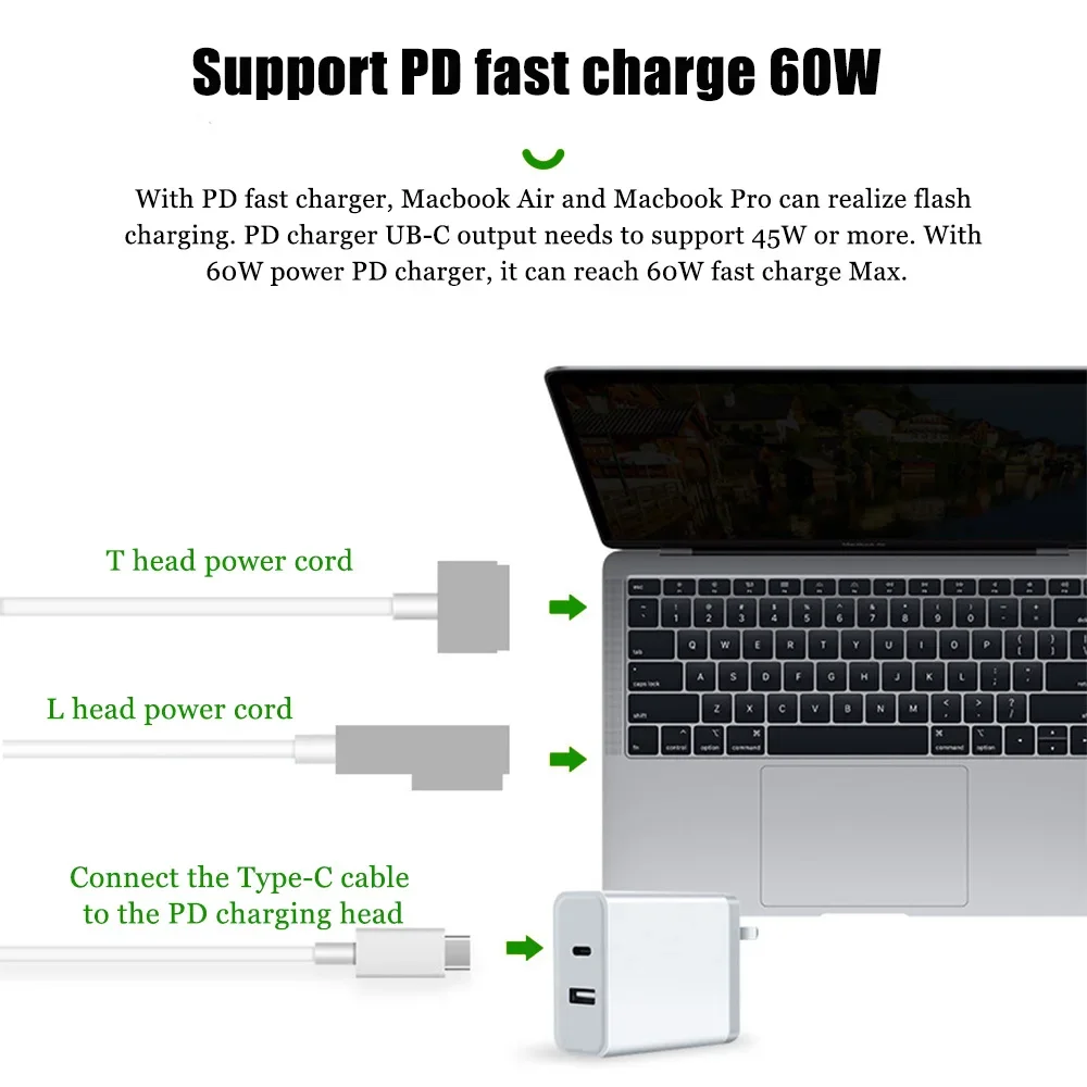 USB C 타입 암-마그네틱 케이블 코드 어댑터, 맥북 에어 프로 A1290 A1266 A1175 A1150 A1243 A1229 충전 컨버터