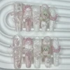 10PCS Cute Pink Blue Lolita French Lace Handmade Press On Nails 3D Teddy Bear Bow Pearl Fake Nails Sweet Elegant Long Nail Art