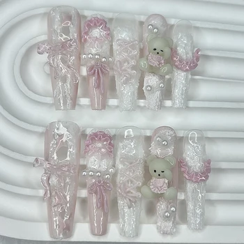 10PCS Cute Pink Blue Lolita French Lace Handmade Press On Nails 3D Teddy Bear Bow Pearl Fake Nails Sweet Elegant Long Nail Art 1