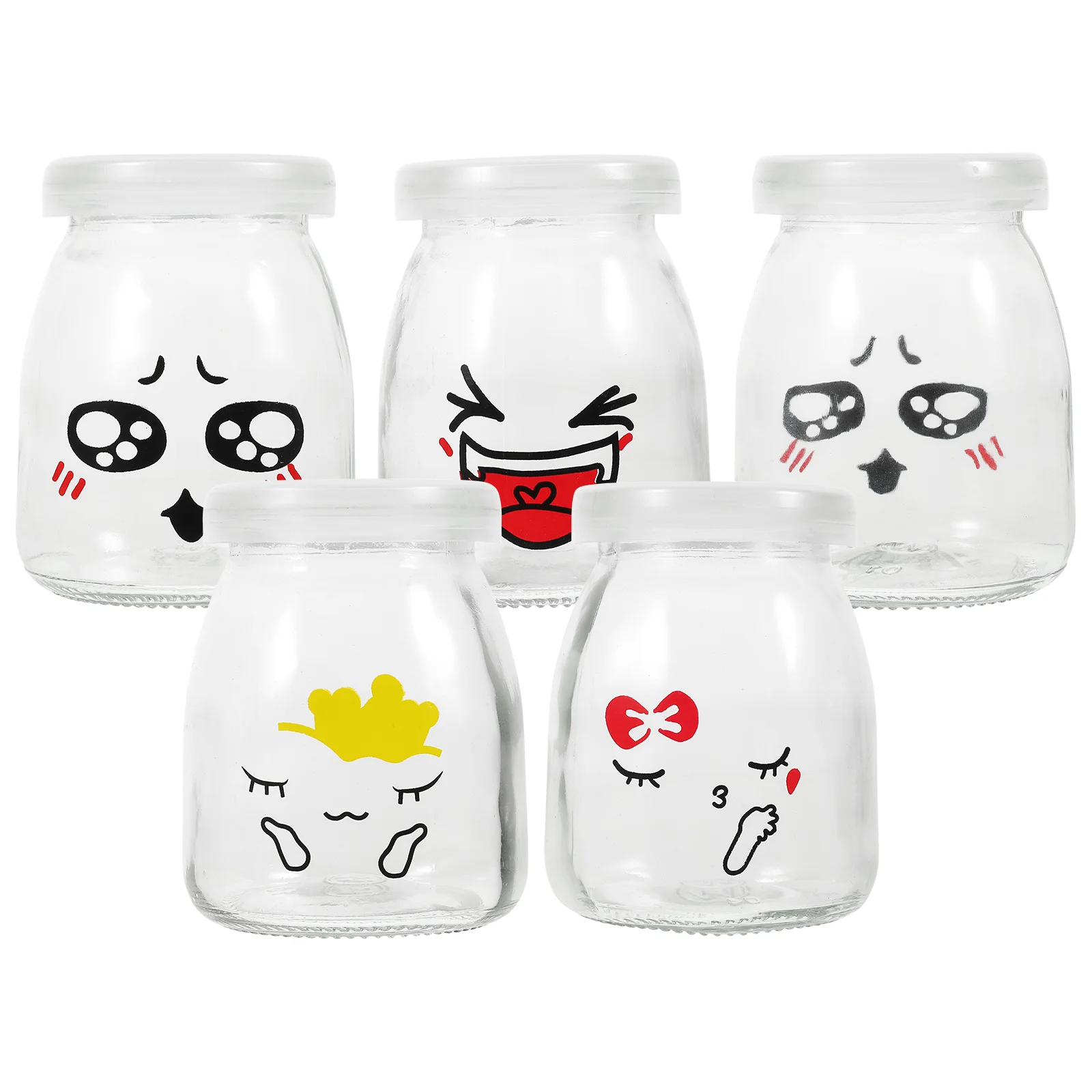 

5pcs Glass Pudding Yogurt Jars Yogurt Glass Jar Container with Cap for Yogurt Pudding Jam Mousse and ( Random Pattern )