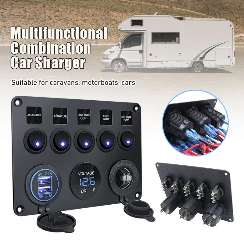 

5 Gang 12V LED Switch Control Panel Marine Camper Van RV Waterproof Dual USB Charger Port Digital Voltmeter Marine LED Rocker