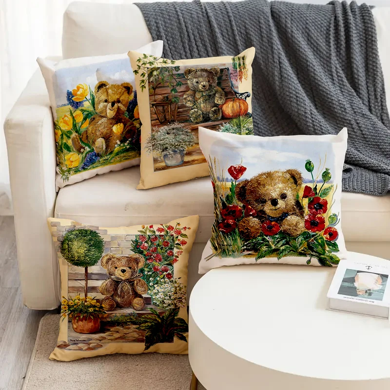 

Cute Animals Doll Beer Flowers Printed Soft Square Pillowslip Linen Blend Cushion Cover Pillowcase Living Room Home Decor