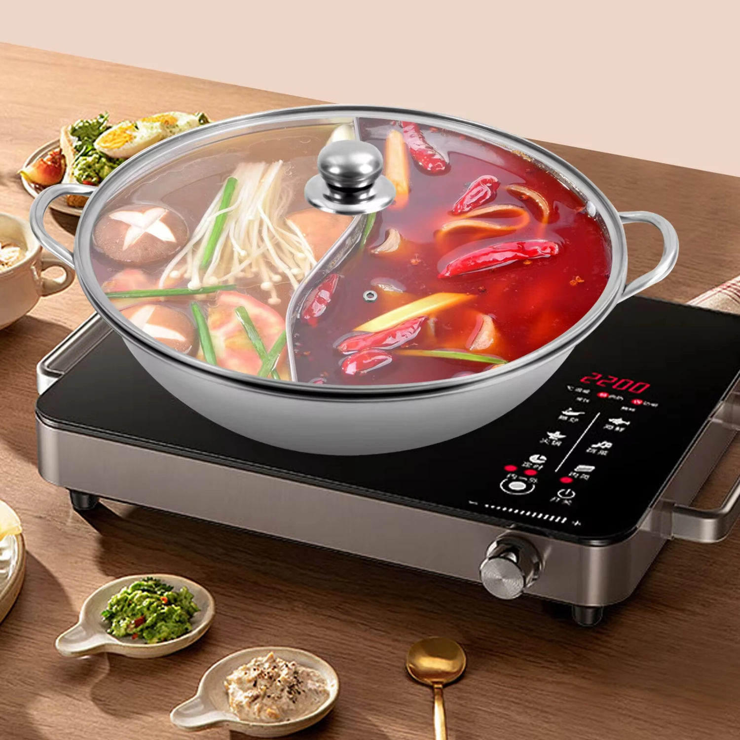 34cm Hot Pot W/ Divider Shabu Shabu Pot & Glass Lid Stainless Steel Hot