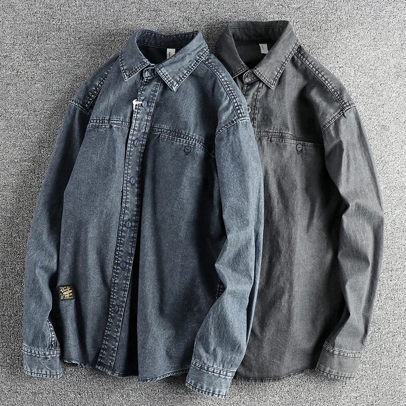 Heavy washing to do old vintage denim shirt men's double pocket design trend Europe and the United States casual shirt coat denim shirt long sleeved shirt