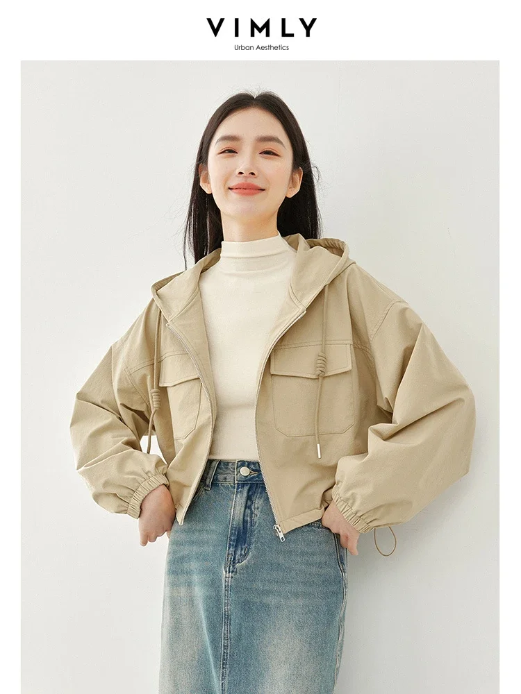 

Vimly Khaki Hooded Zipper Cropped Jacket 2023 Autumn Windproof Cargo Coat Women Solid Casual Loose New in Outerwear Female M3993