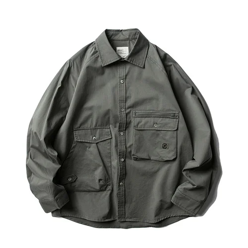 

Harajuku Men Japanese Fashion Drop Shoulder Big Pocket Streetwear Loose Casual Long Sleeve Cargo Shirt Outdoor Male Shirts